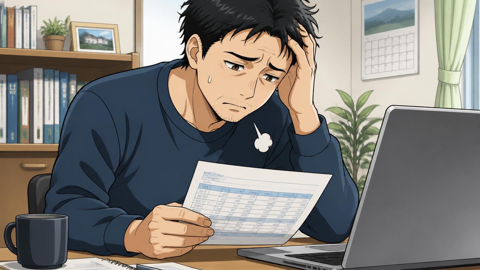 給与明細を見てため息、自宅のデスクで30代男性、不安そうな表情でPC画面