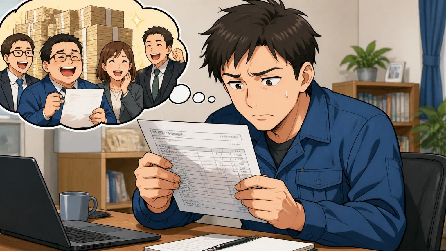 口コミサイトで見るデンソーテクノの平均年収 自宅のデスクで給与明細を見る30代男性エンジニアが浮かない表情