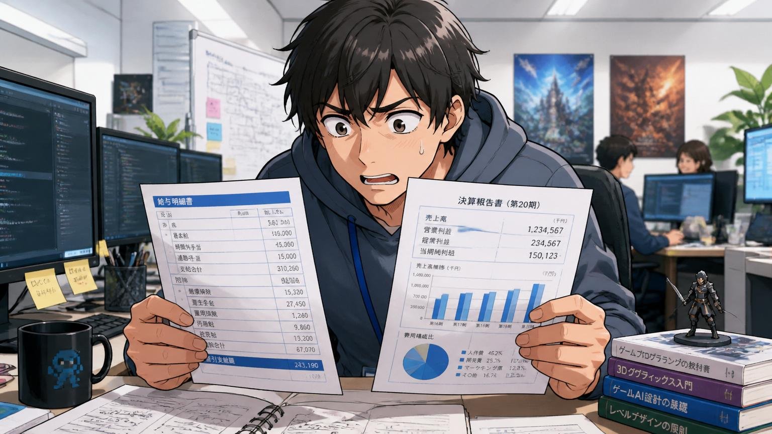 企業のオフィスで給与明細と決算資料を見比べて複雑な表情を浮かべる20代後半から30代のゲーム開発エンジニア1人