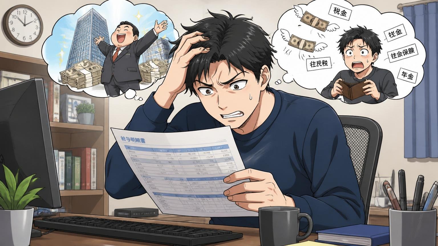 会社の平均年収と手取り実感のズレ。自宅デスクで給与明細を見る男性エンジニアが眉をひそめる