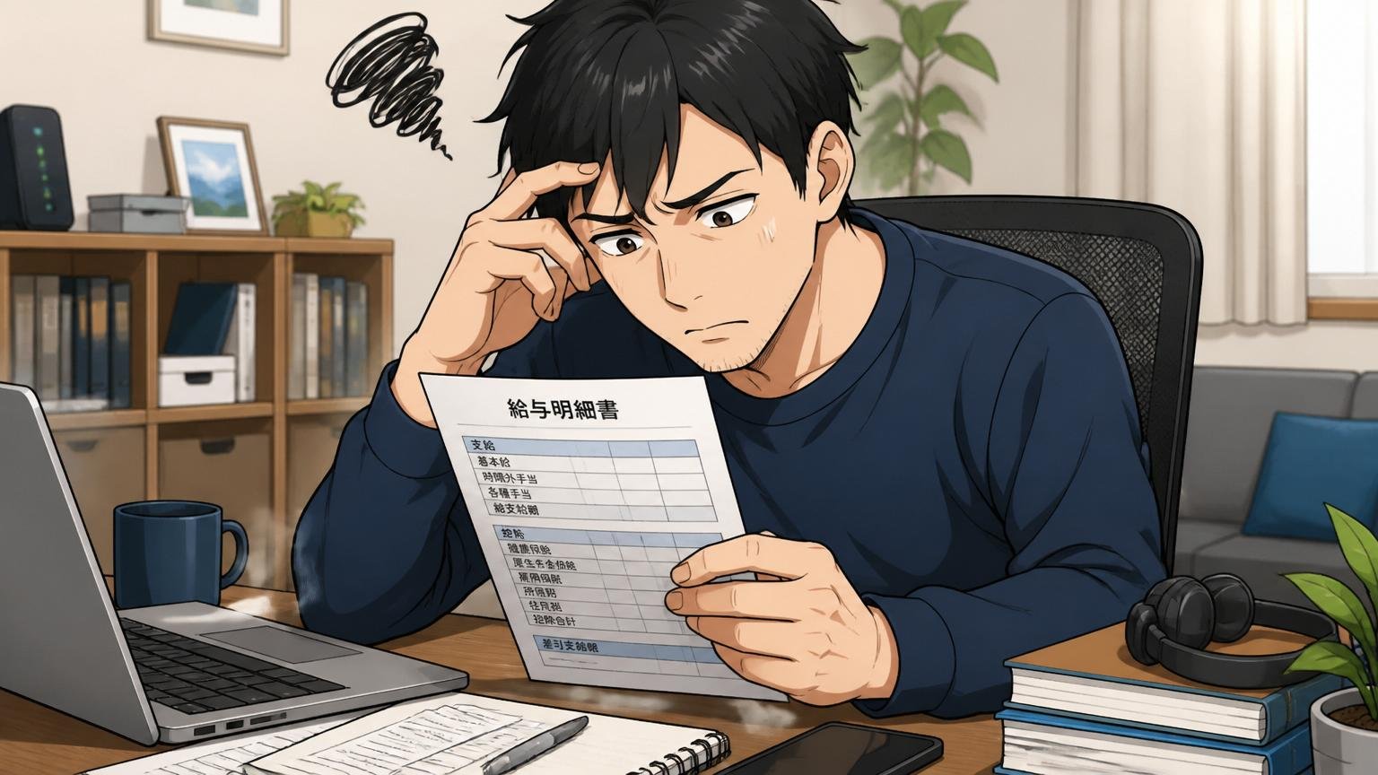 「平均年収の数字を見て逆にモヤッとした人へ」自宅のデスクで給与明細を見つめ眉をひそめる30代男性エンジニア1人