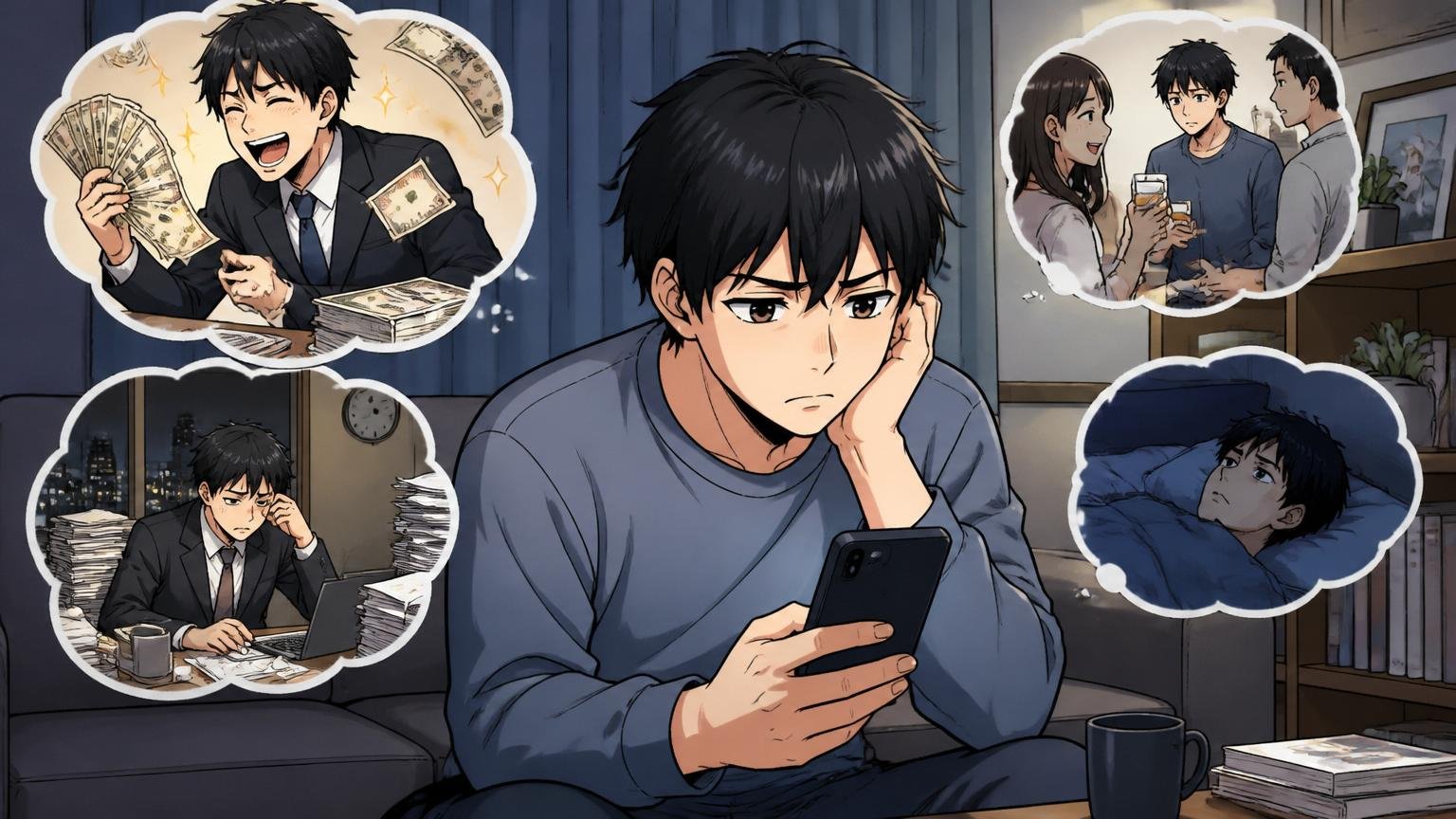 高給なのにモヤモヤする理由。自宅で夜にスマホを見る20代男性が浮かない顔