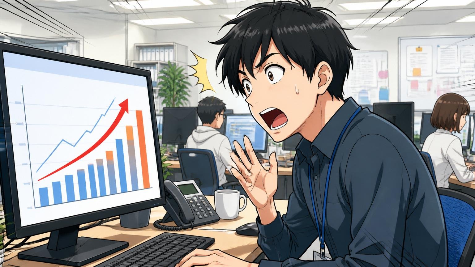 全産業平均と比べれば高い水準。SIerのオフィスで男性エンジニアが年収グラフを見て驚く表情