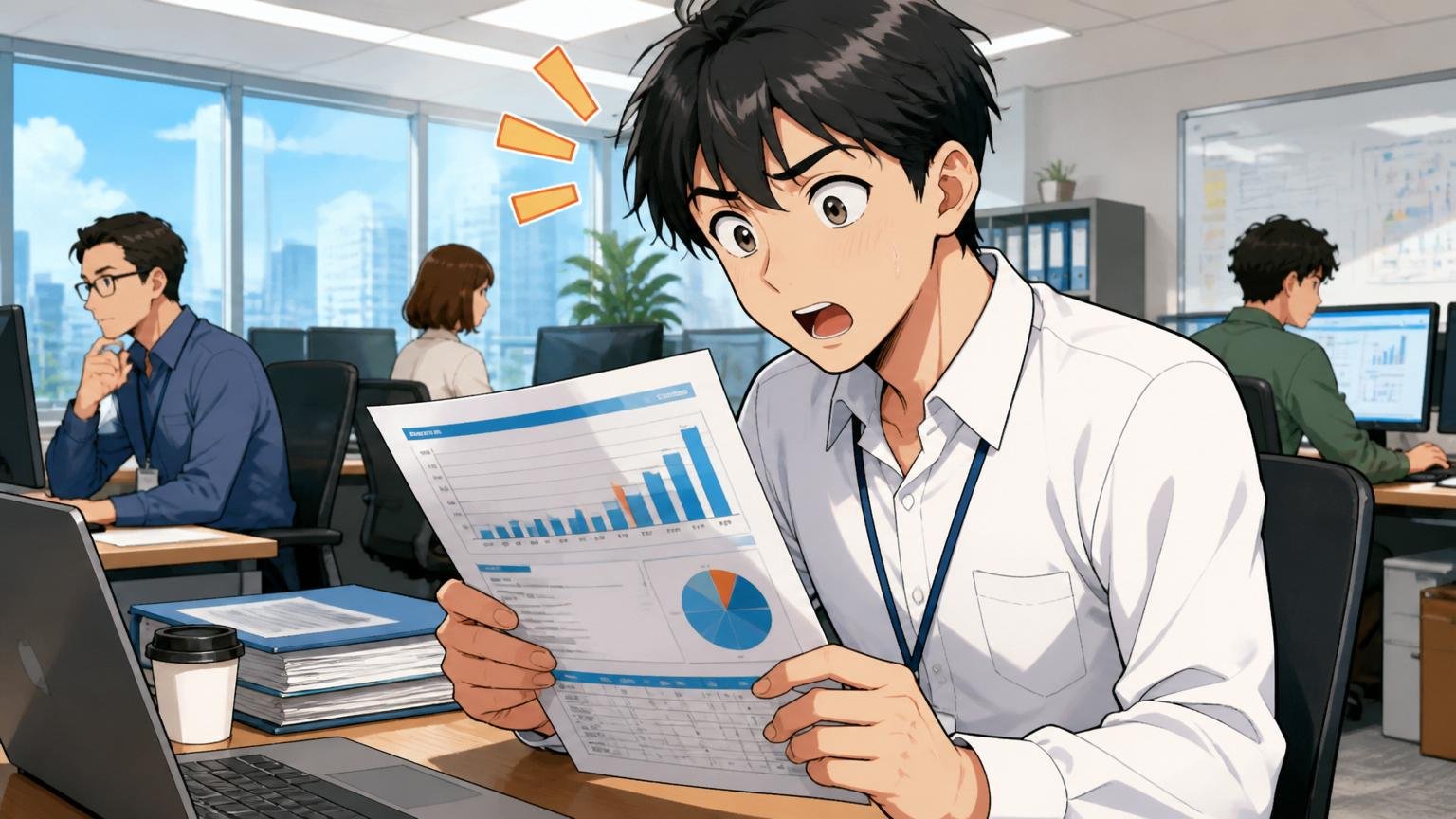 会社全体の平均年収は低くない事実確認。外資系IT企業のオフィスで男性社員1人が給与資料を見て意外そうな表情