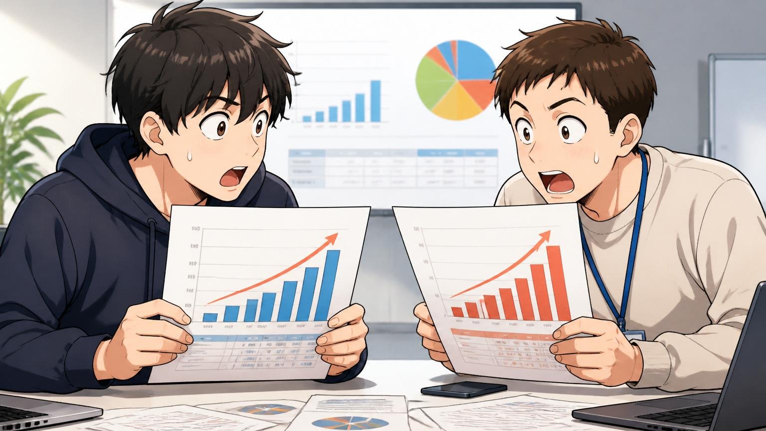 企業の会議室で年収データの資料を見比べる20代の若手エンジニア2人、数字のギャップに驚いた表情で顔を見合わせる