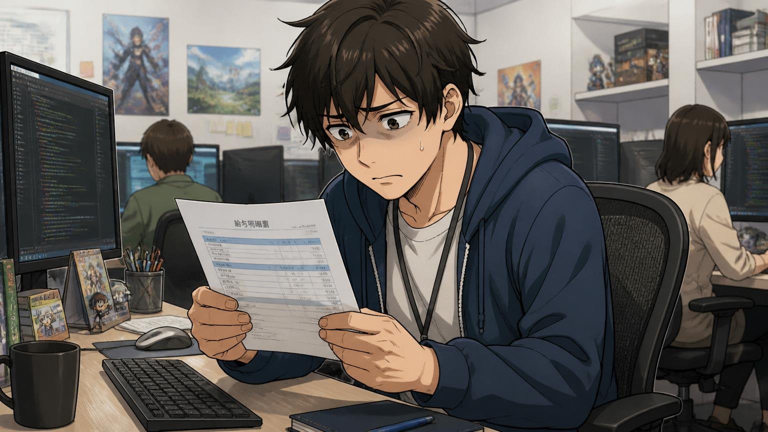 ゲーム会社のオフィスで自分のデスクに座り浮かない表情で給与明細を見る20代後半の男性エンジニア1人