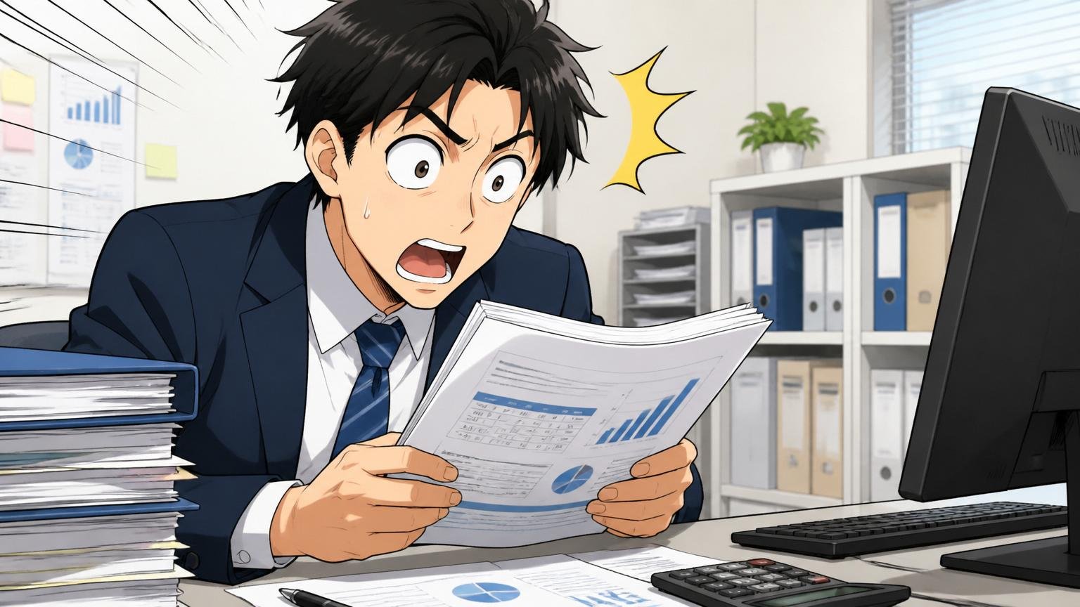 有価証券報告書が示すハピネットの平均年収。卸売企業のオフィスで男性社員が決算資料を手に目を見開く