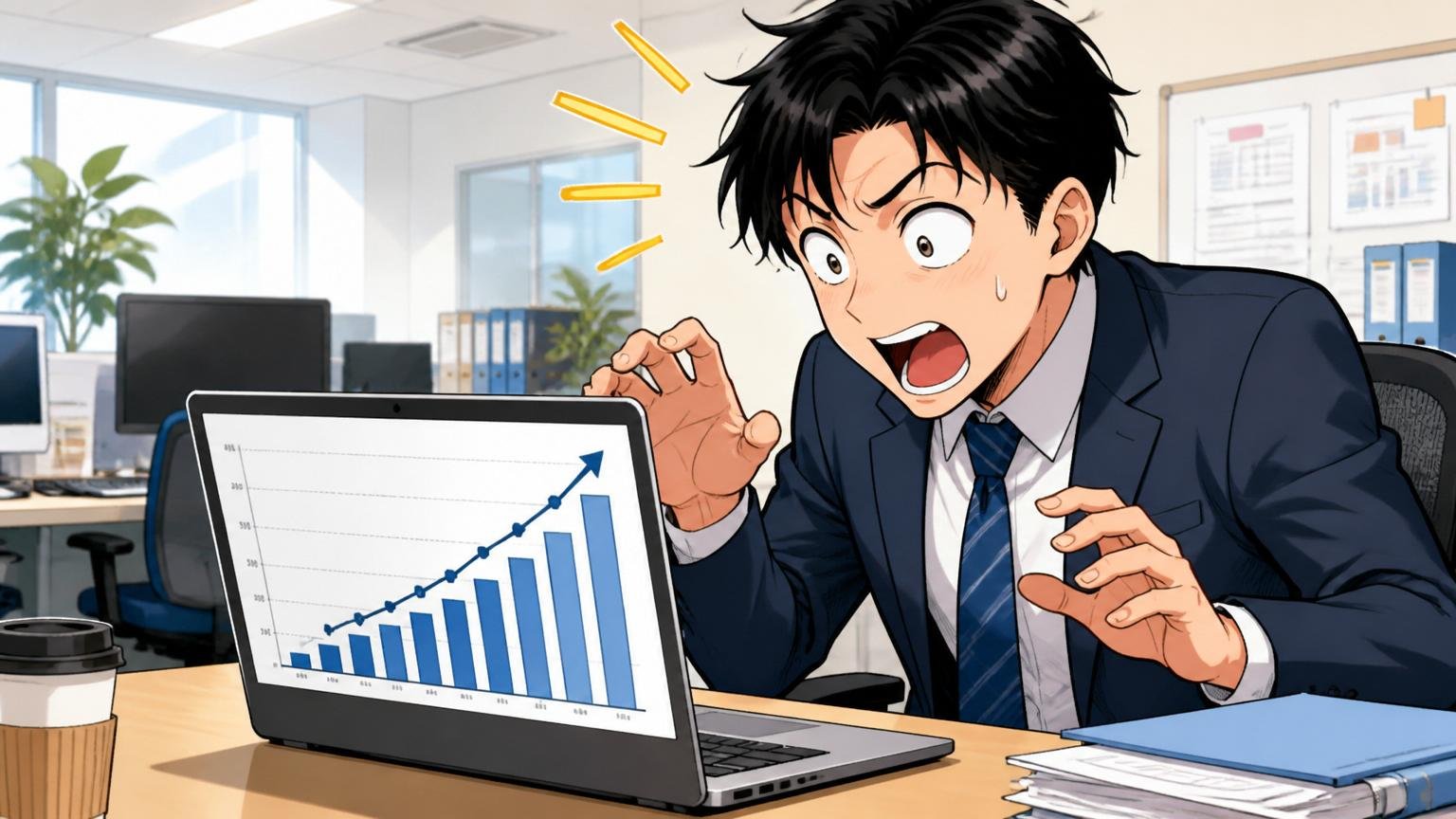 SCSKの平均年収の推移を確認する。企業のオフィスで男性社員1人がノートPCの年収グラフを見て驚く表情