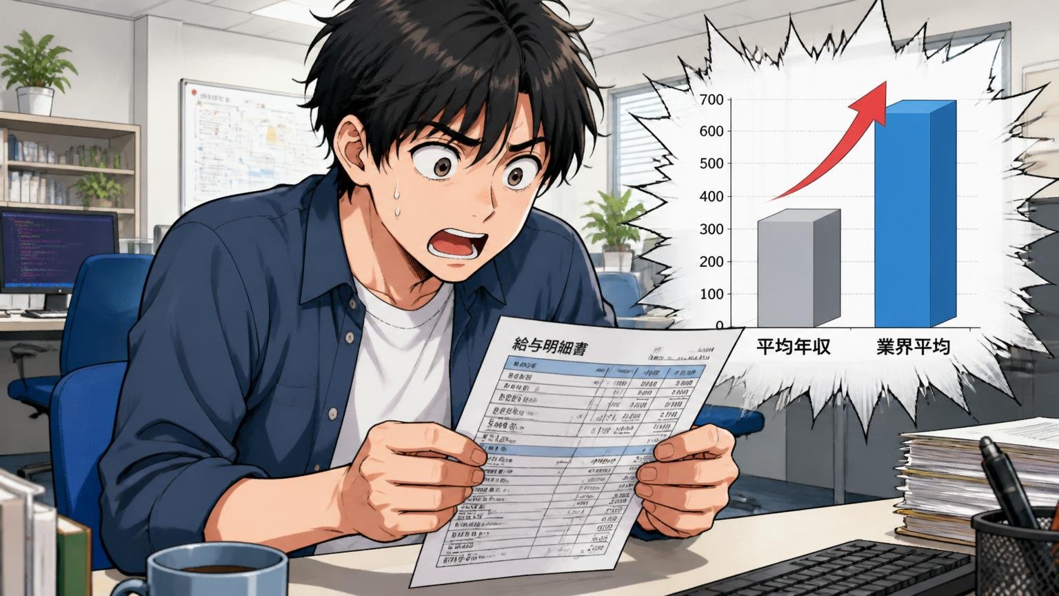 平均年収と業界平均の比較。SIerのオフィスで給与明細を見て驚く20代男性エンジニア1人