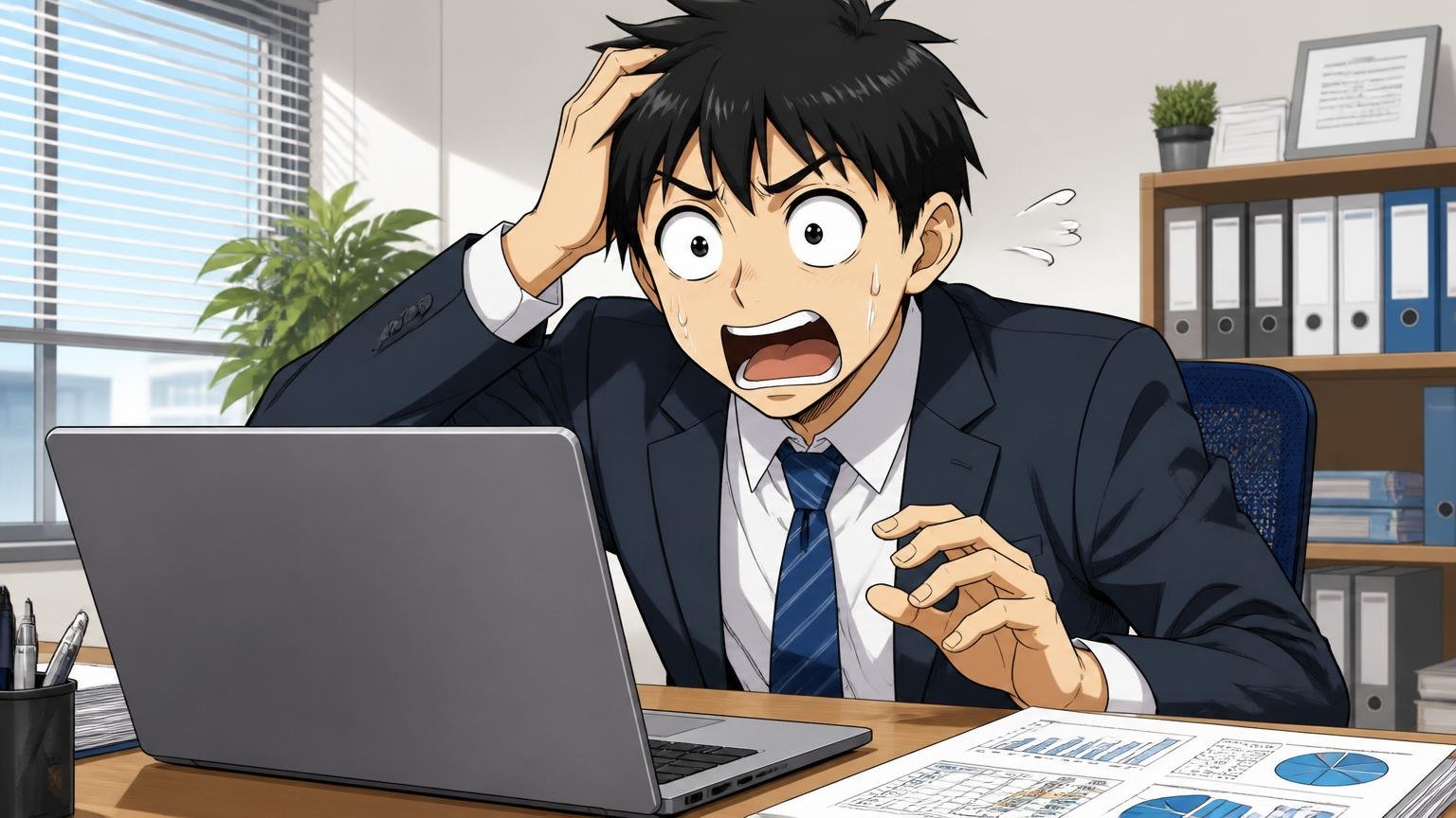 平均年収はいくら?全体・職種別の実態 オフィスでPCの給与データを見て驚く男性会社員1人