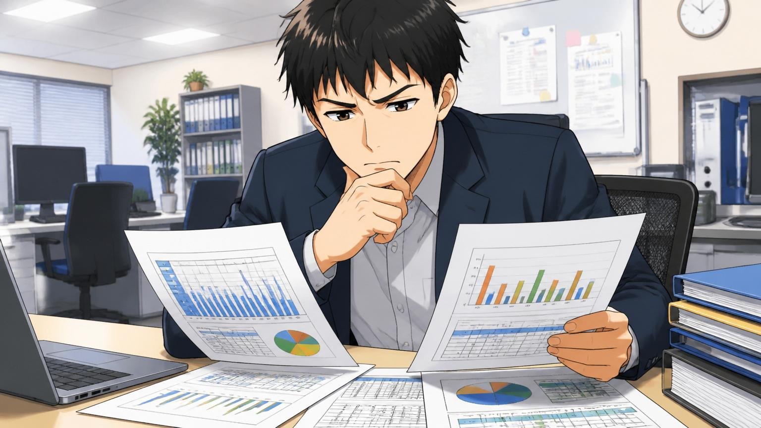 平均年収・年代別・役職別の数字を整理する｜SIerのオフィスで給与資料を見比べる30代男性エンジニア1人、神妙な表情