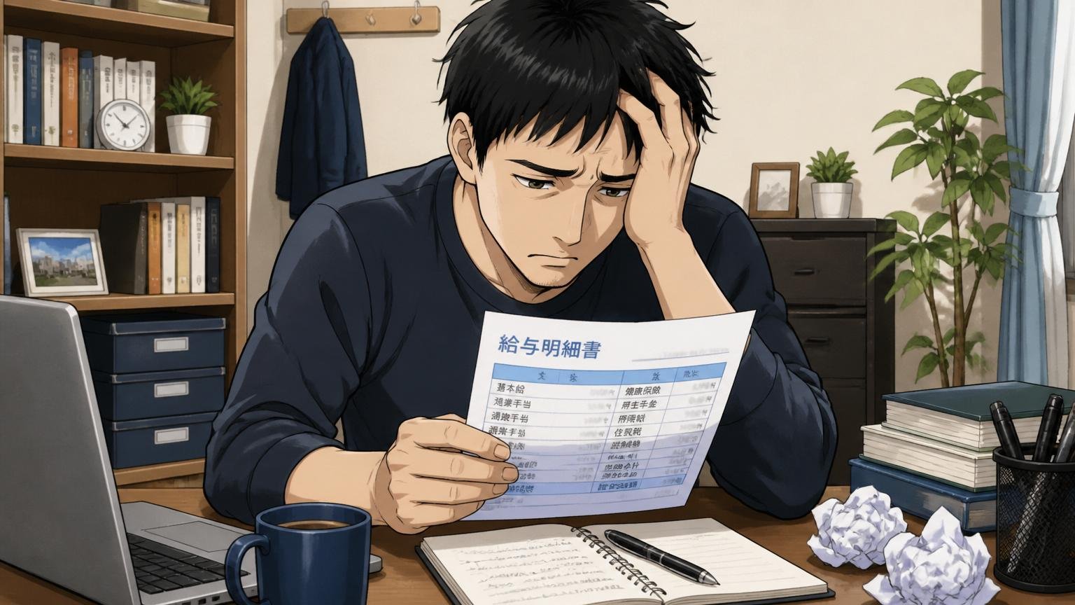 年収への不満は甘えではない｜自宅のデスクで給与明細を見つめ落ち込む30代男性エンジニア1人