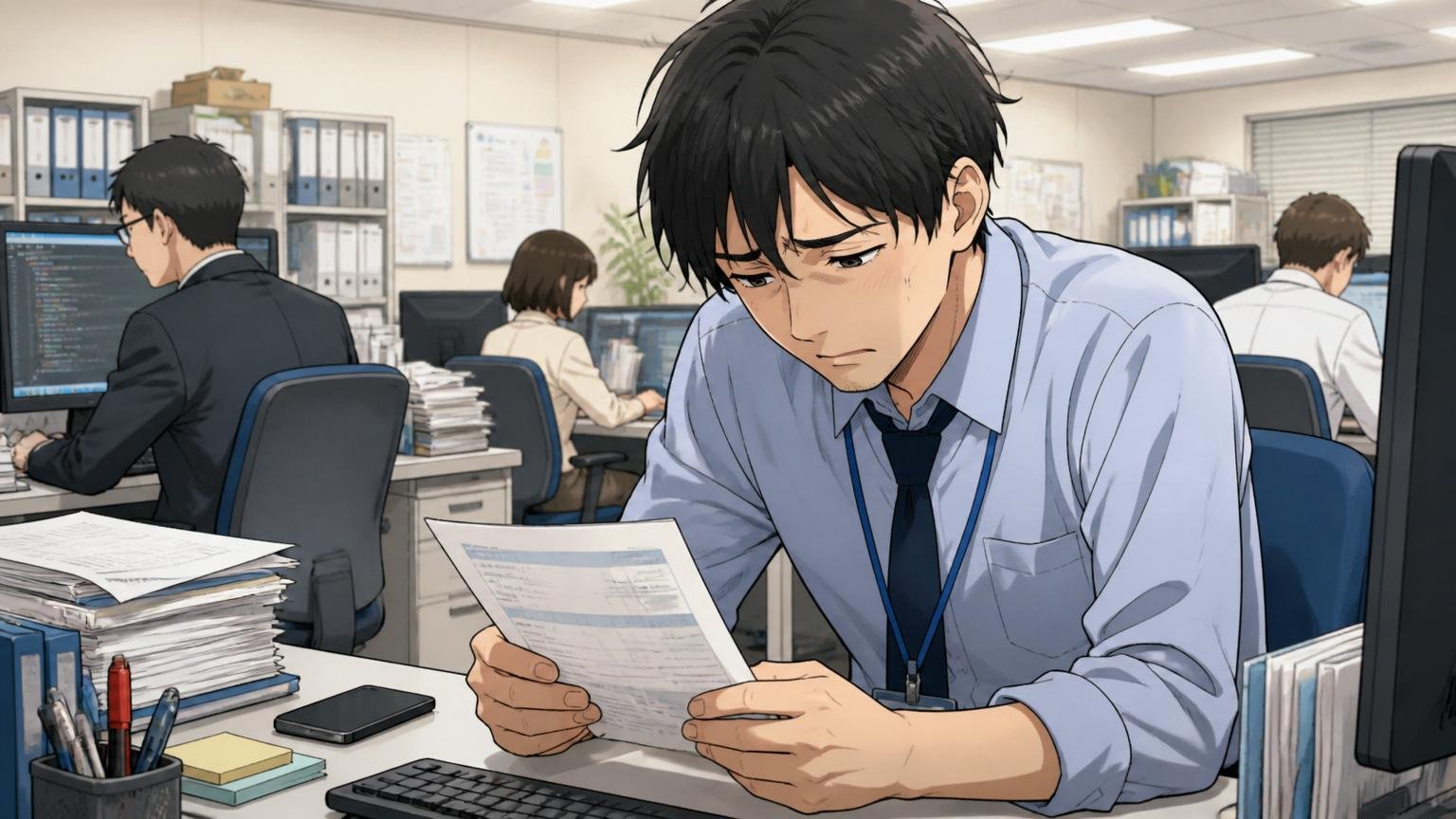 年収が低いと感じるのはおかしくない。SIerのオフィスで給与明細を見つめ肩を落とす30代男性エンジニア1人