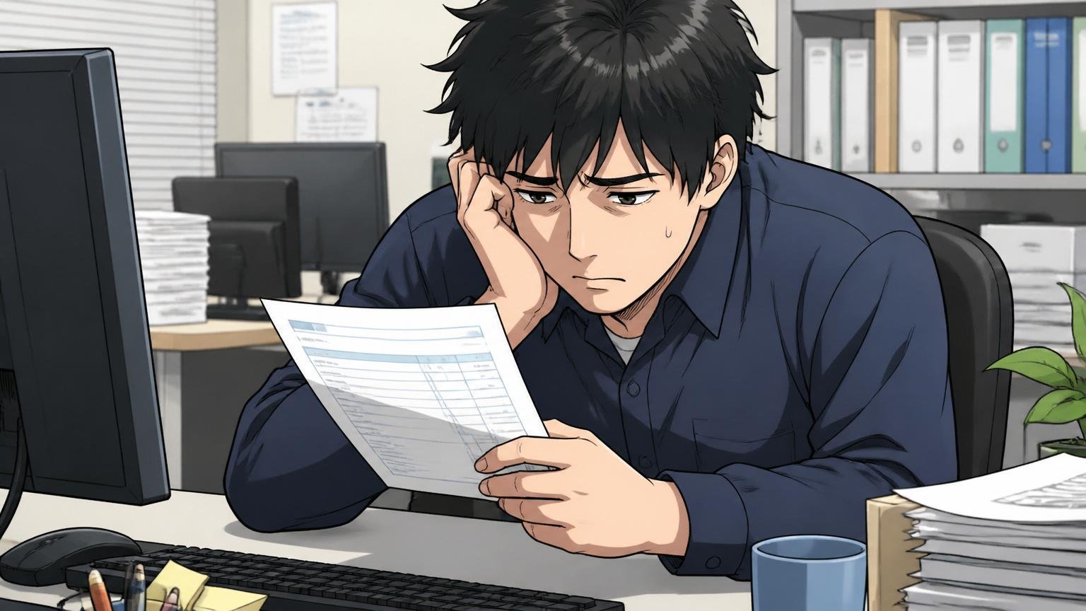 安定もホワイトなのになぜモヤモヤするのか。SIerの自席で給与明細を見て浮かない顔の20代男性エンジニア1人
