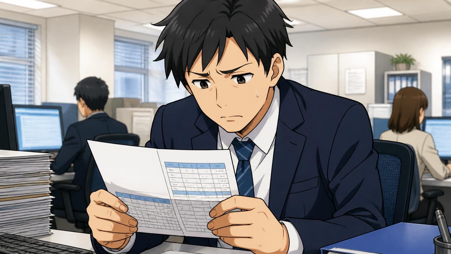 現職社員自身が低い方だと思うと言っている SIerのオフィスで給与明細を見て浮かない表情の30代男性社員1人