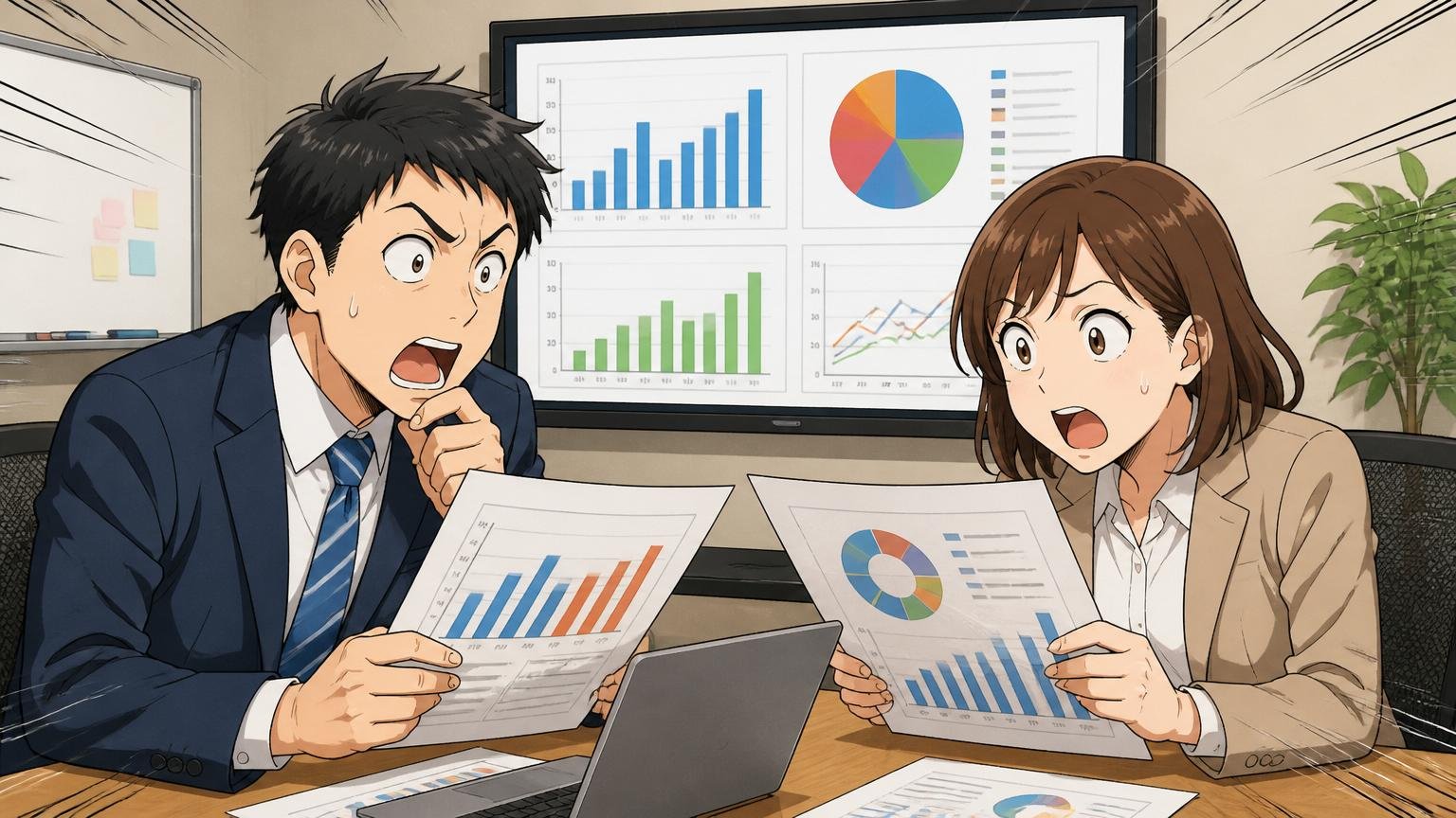 口コミ媒体別に見るヤマトシステム開発の平均年収、企業の会議室で給与データの資料を見比べる社員2人、驚いた表情