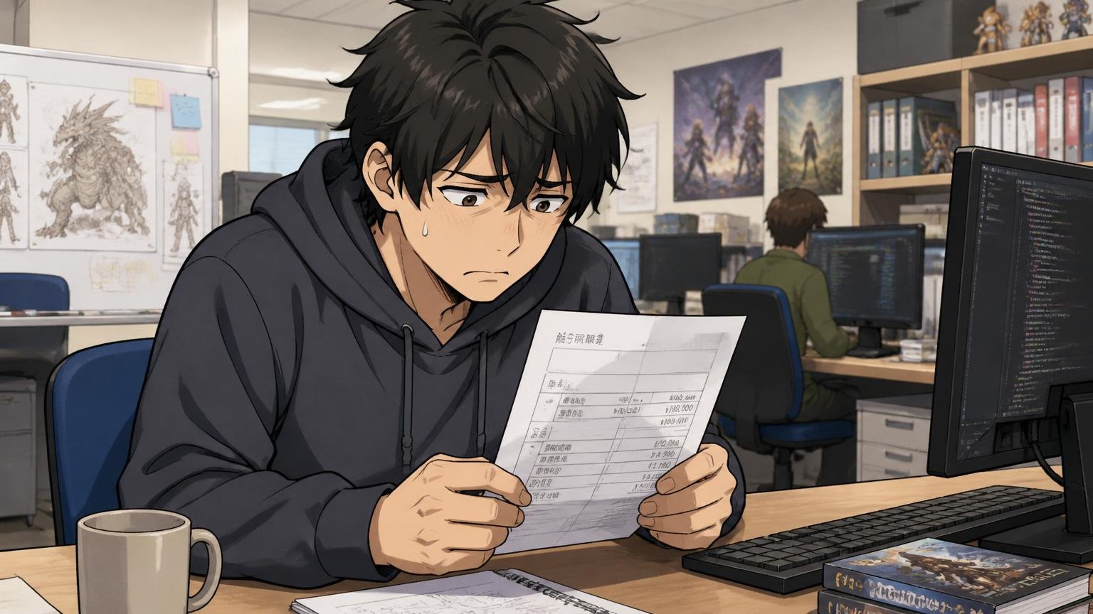 口コミサイトに並ぶ年収が低いという声。ゲーム開発スタジオのオフィスで給与明細を見つめ肩を落とす20代男性エンジニア1人