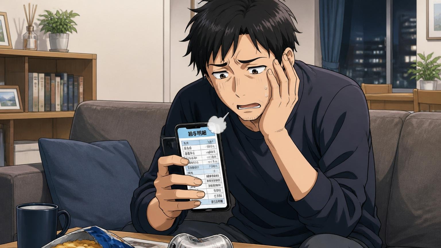 自宅リビングのソファで夜にスマホの給与明細を見つめる30代男性エンジニアが、肩を落として深いため息をつく