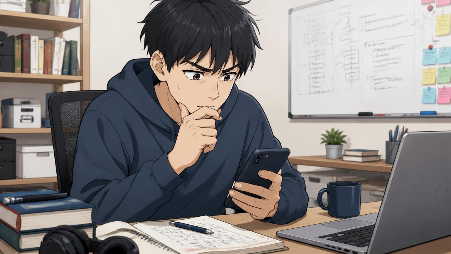 検索したあなたが本当に知りたいのは数字じゃなく答え。自宅の机でスマホを見つめ考え込む20代男性エンジニア