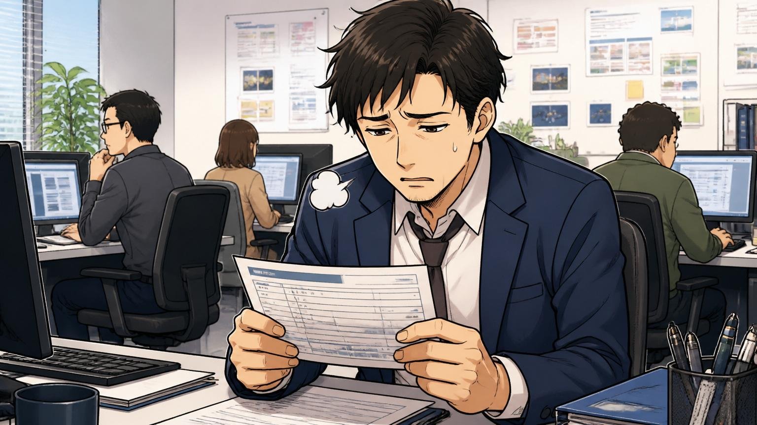 給料が低いという現職社員の声、Web広告代理店のオフィスで30代男性が給与明細を見てため息
