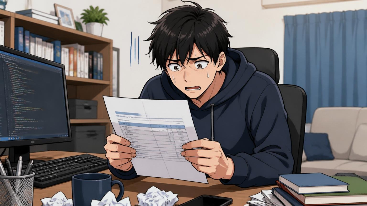 口コミサイトに見る年収が低いリアルな声。自宅のデスクで給与明細を見る20代男性エンジニアが肩を落とす表情