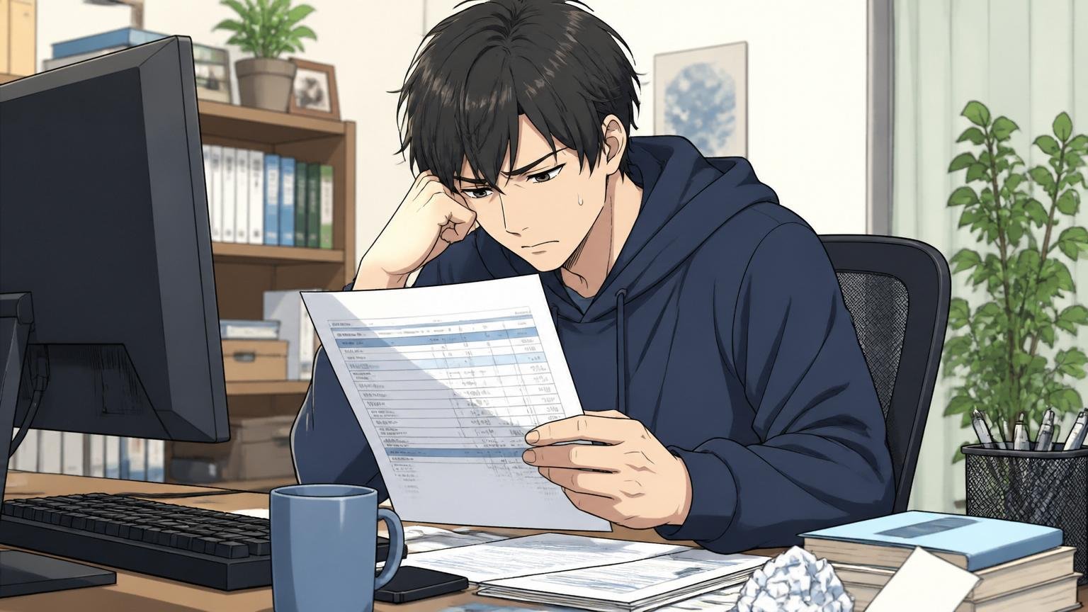 自宅のデスクで給与明細を見て表情を曇らせる20代後半のエンジニア1人