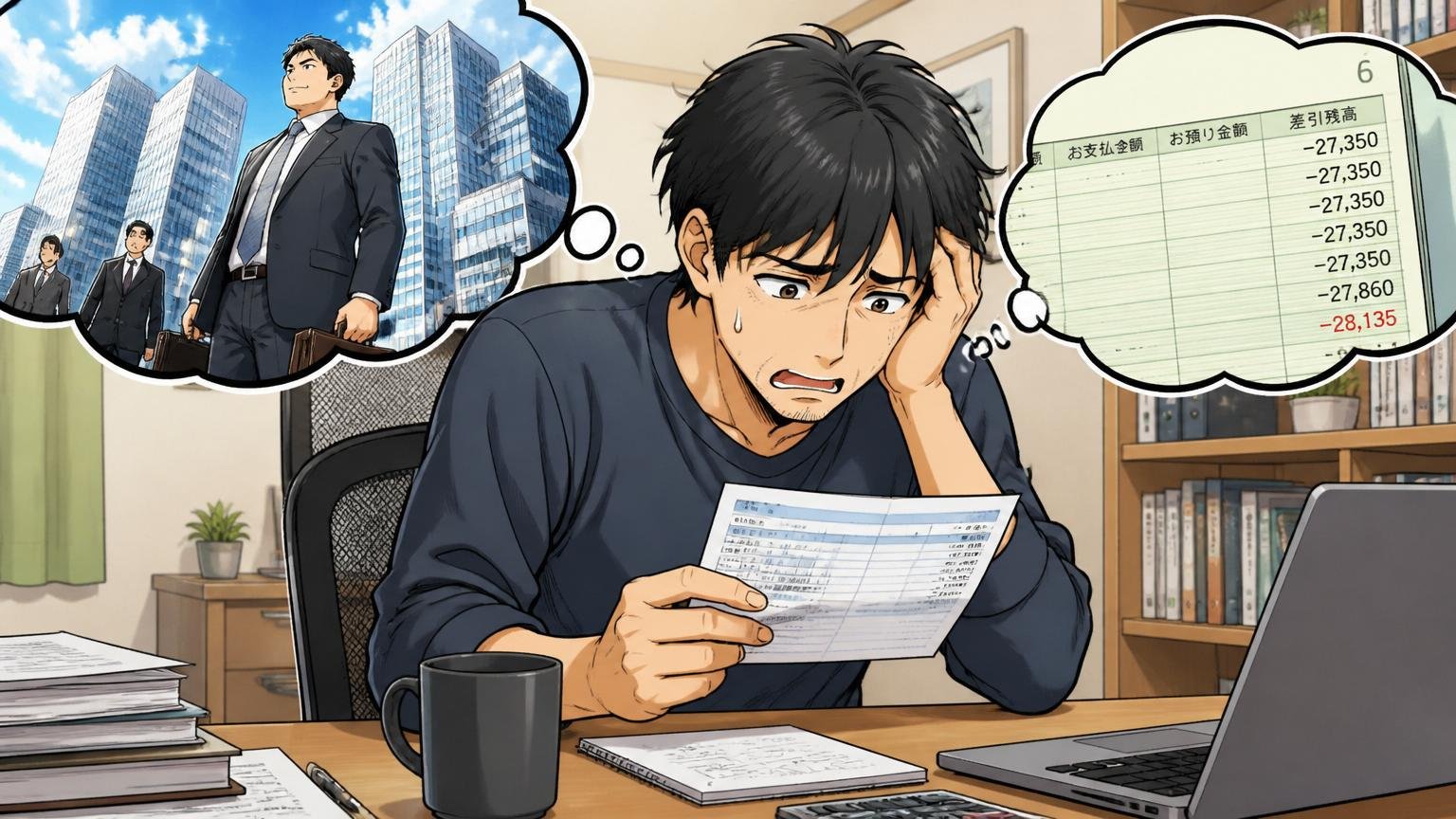 「大企業なのに」という期待と通帳の現実のギャップ。自宅のデスクで給与明細を見て肩を落とす30代男性エンジニア1人