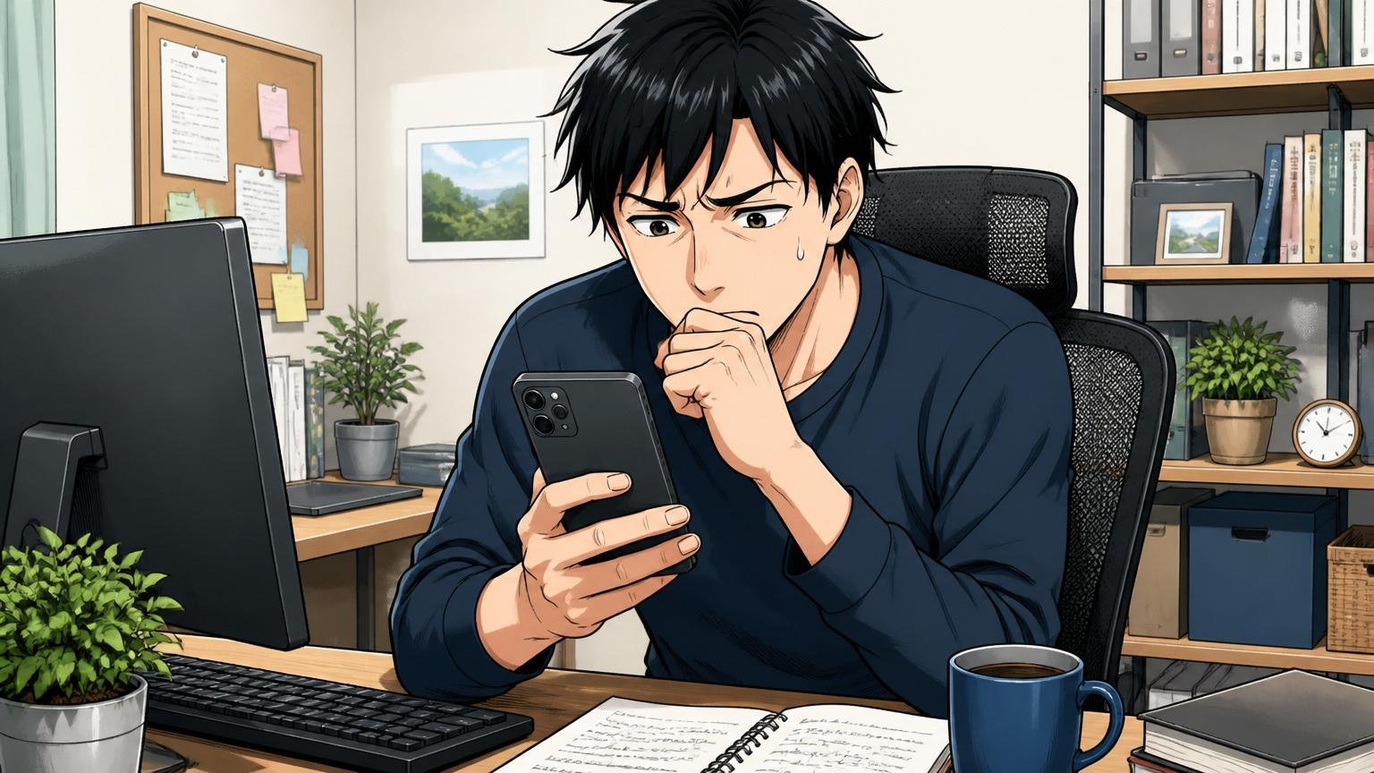 なぜ今、年収のことが急に気になり始めたのか。自宅のデスクで在宅勤務中の30代男性エンジニアがスマホを見て表情を曇らせる