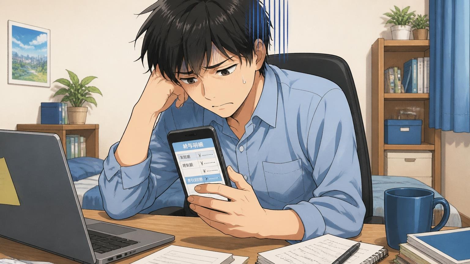 会社の平均年収は高いのに自分は低いと感じる 自宅のデスクで在宅勤務 20代の男性会社員が1人 給与明細のスマホ画面を見て肩を落とす