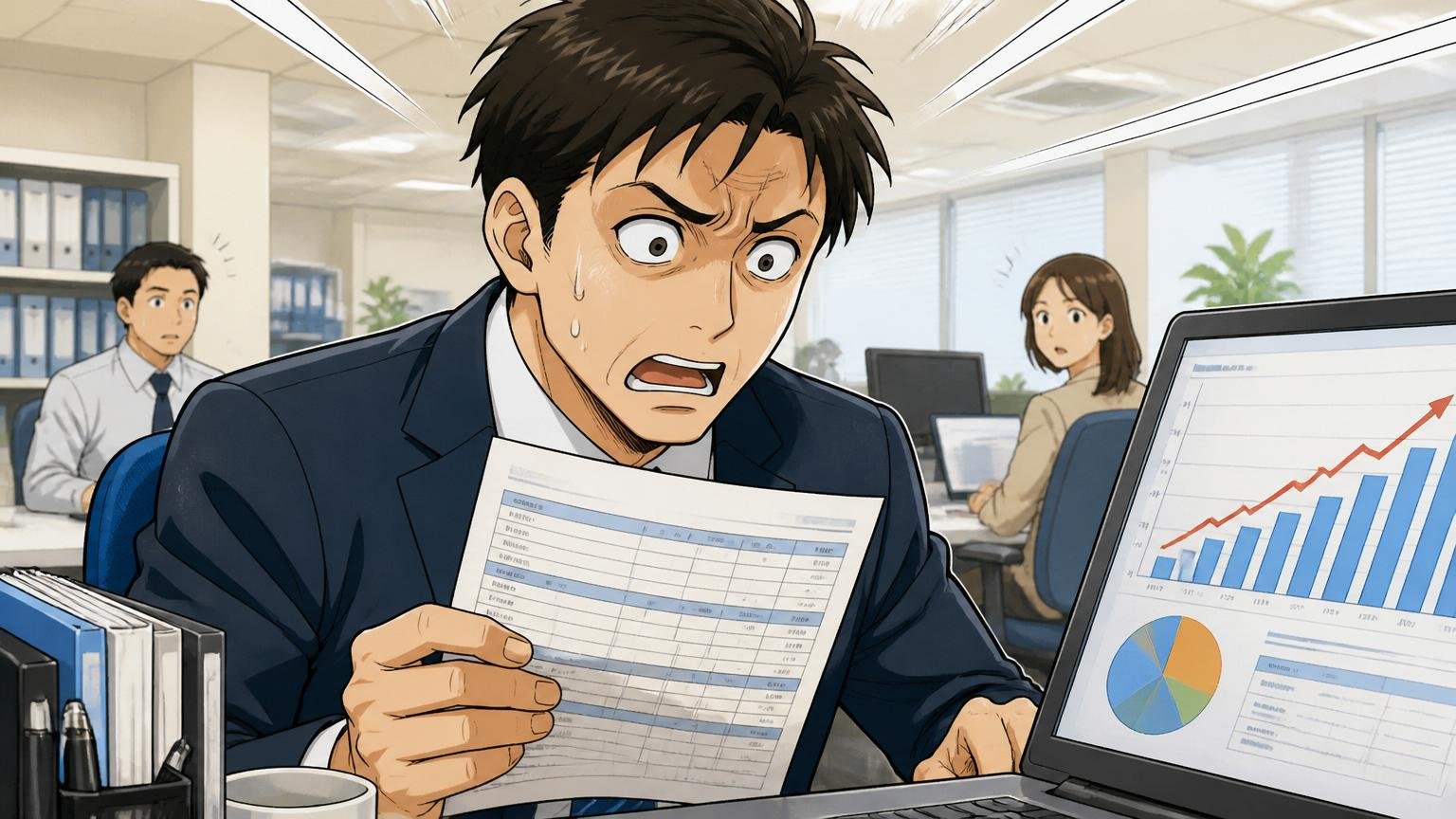 ネットの平均638万円と実感400万円のズレの正体。企業のオフィスで30代男性が給与明細とPC画面を見比べて困惑する