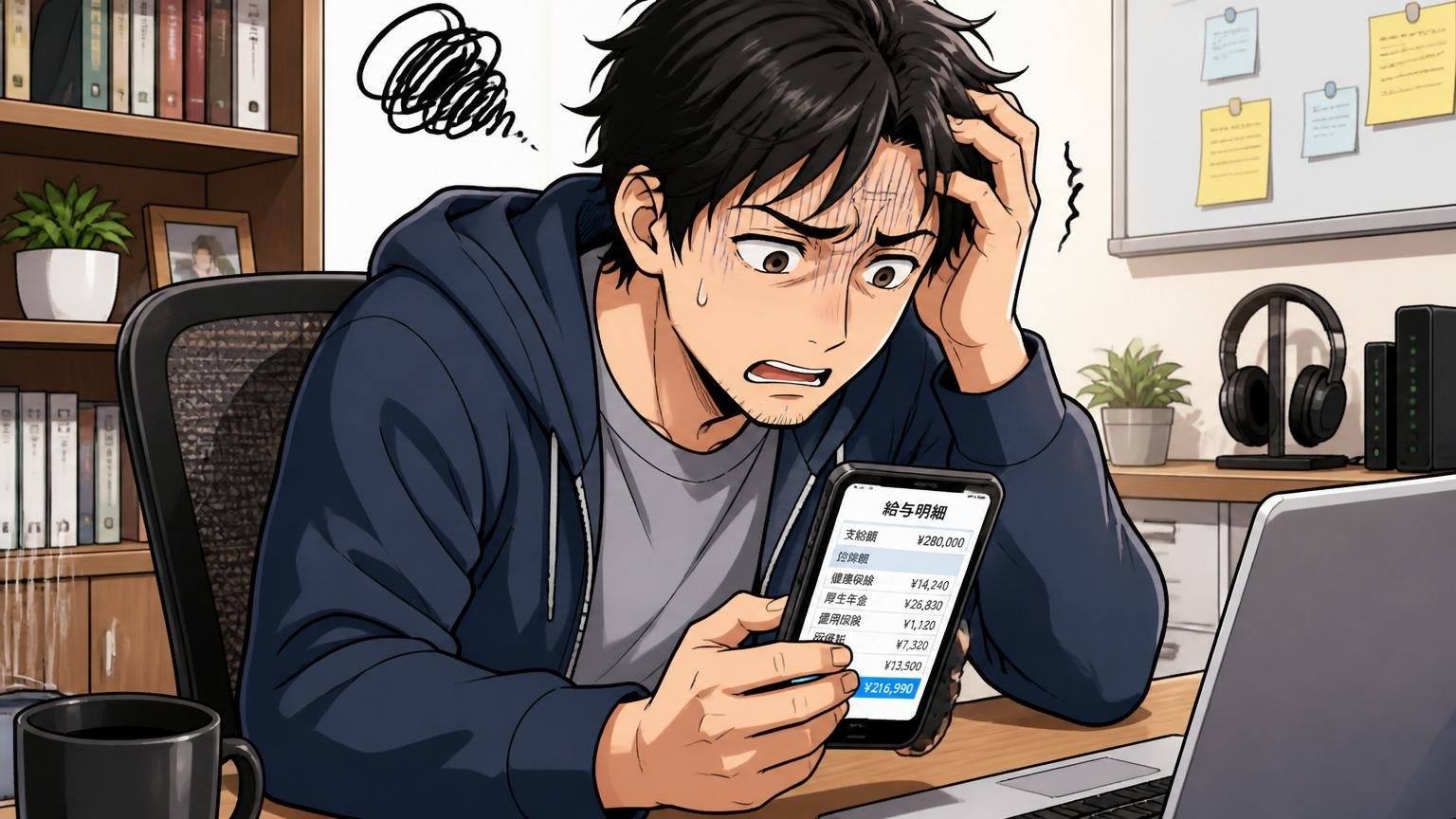 「こんなモヤモヤ、抱えていませんか？」自宅のデスクで給与明細アプリを見て肩を落とす30代男性エンジニア