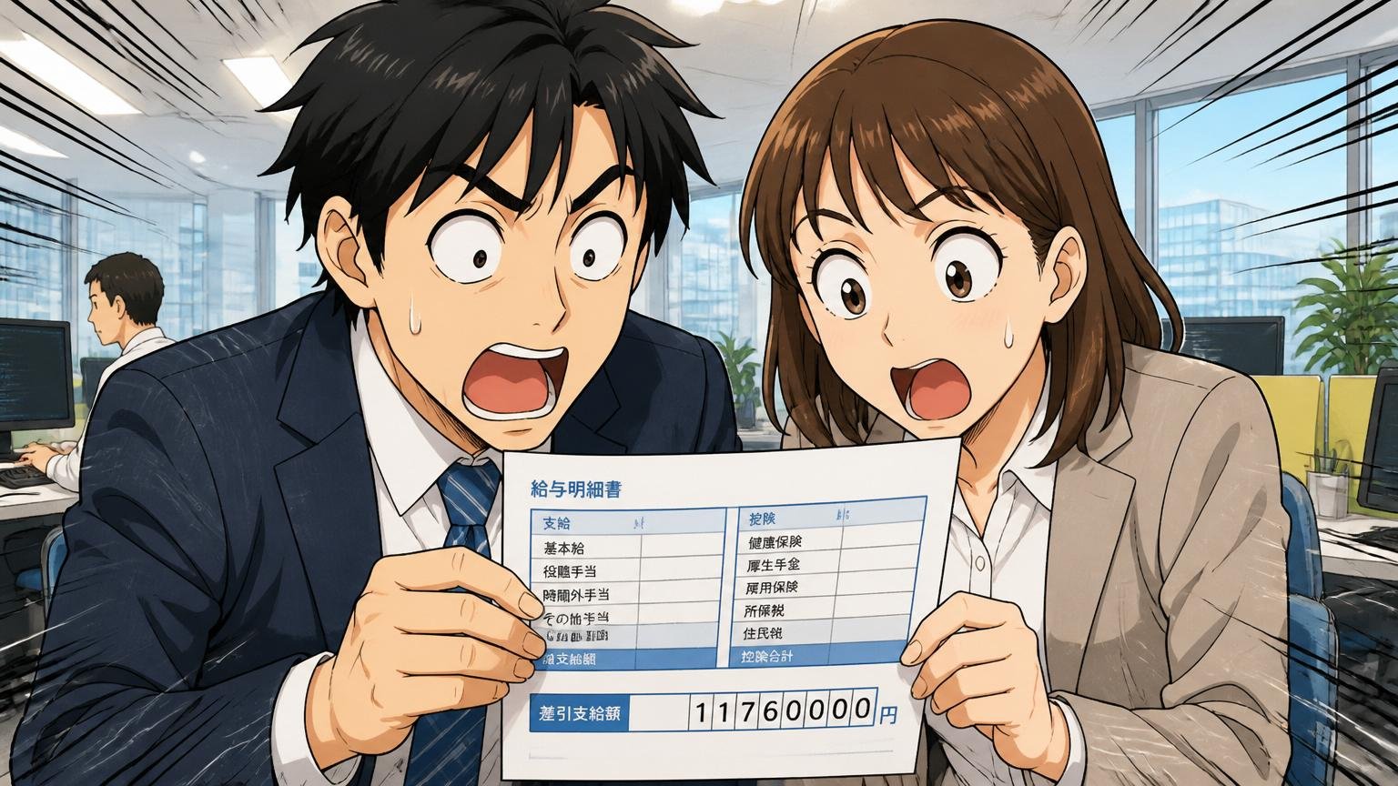 メルカリの平均年収1176万円を確認する。IT企業のオフィスで男女2人の社員が給与明細の資料を見て目を見開く