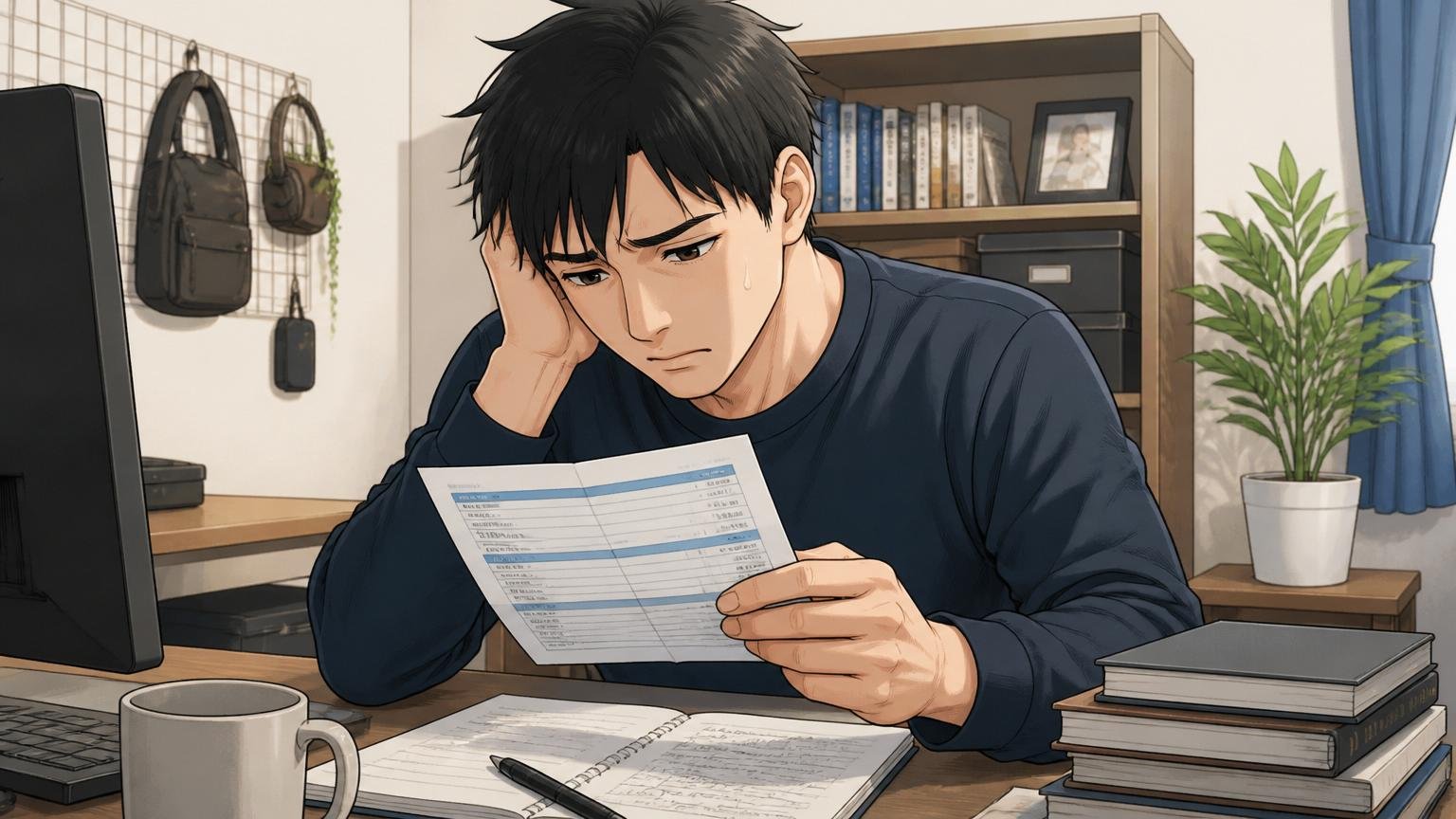 「不満を感じる自分が甘えなのか」と思っていませんか。自宅のデスクで給与明細を見る30代男性エンジニアが肩を落とす