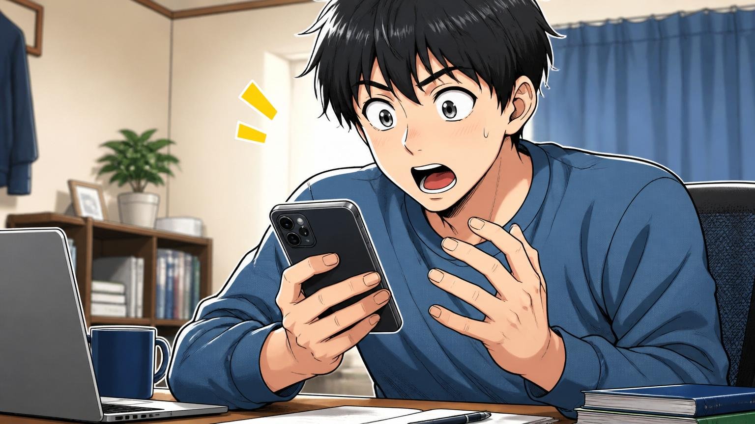 口コミサイト各社が示す平均年収は330万〜390万円台 自宅のデスクでスマホの年収口コミを見る20代男性 驚いた表情