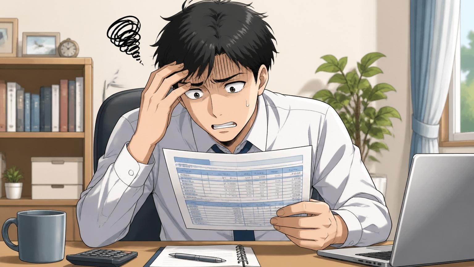 給与明細を見たときのモヤモヤ。自宅のデスクで30代男性会社員が給与明細を見て不安そうな表情