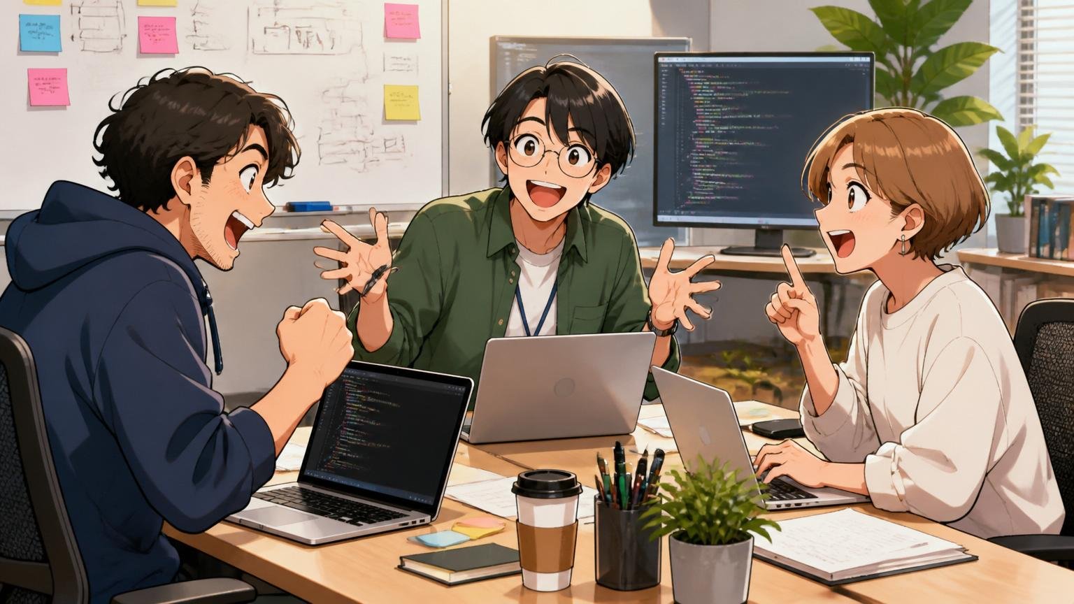 Cygames出身エンジニアが活躍する転職先イメージ:Web系スタートアップのオフィスで3人のエンジニアが嬉しそうに会議する様子