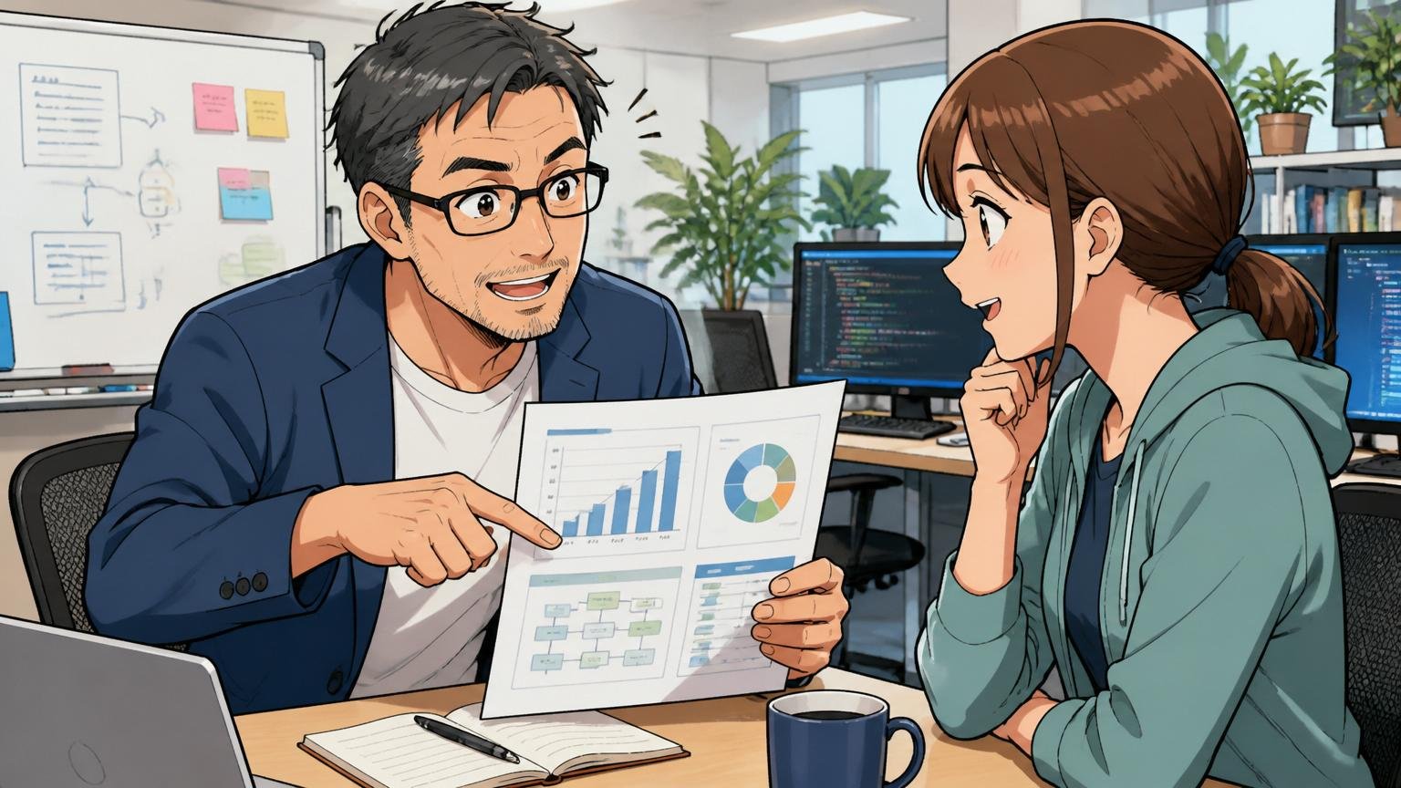 Sansan出身が転職市場で評価される根拠を解説する場面。Web系SaaSのオフィスで40代男性メンターが資料を指さして説明、30代女性エンジニアが頷いて聞く。1対1の対話シーン