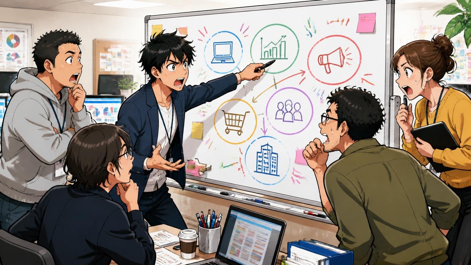 デジタル広告代理店のオフィスで複数人のマーケターが転職先カテゴリを示すホワイトボードを囲んで真剣に議論する場面