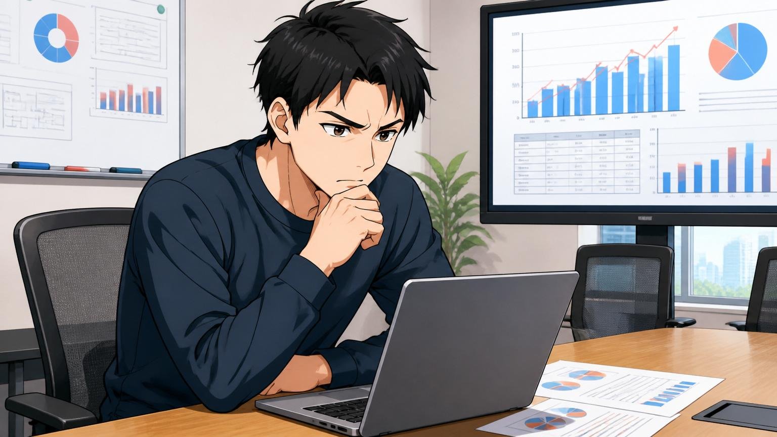 SHIFTの企業規模と平均年収を確認する、企業の会議室でノートPCに向かう30代のエンジニア1人、神妙な表情でIR資料を確認している