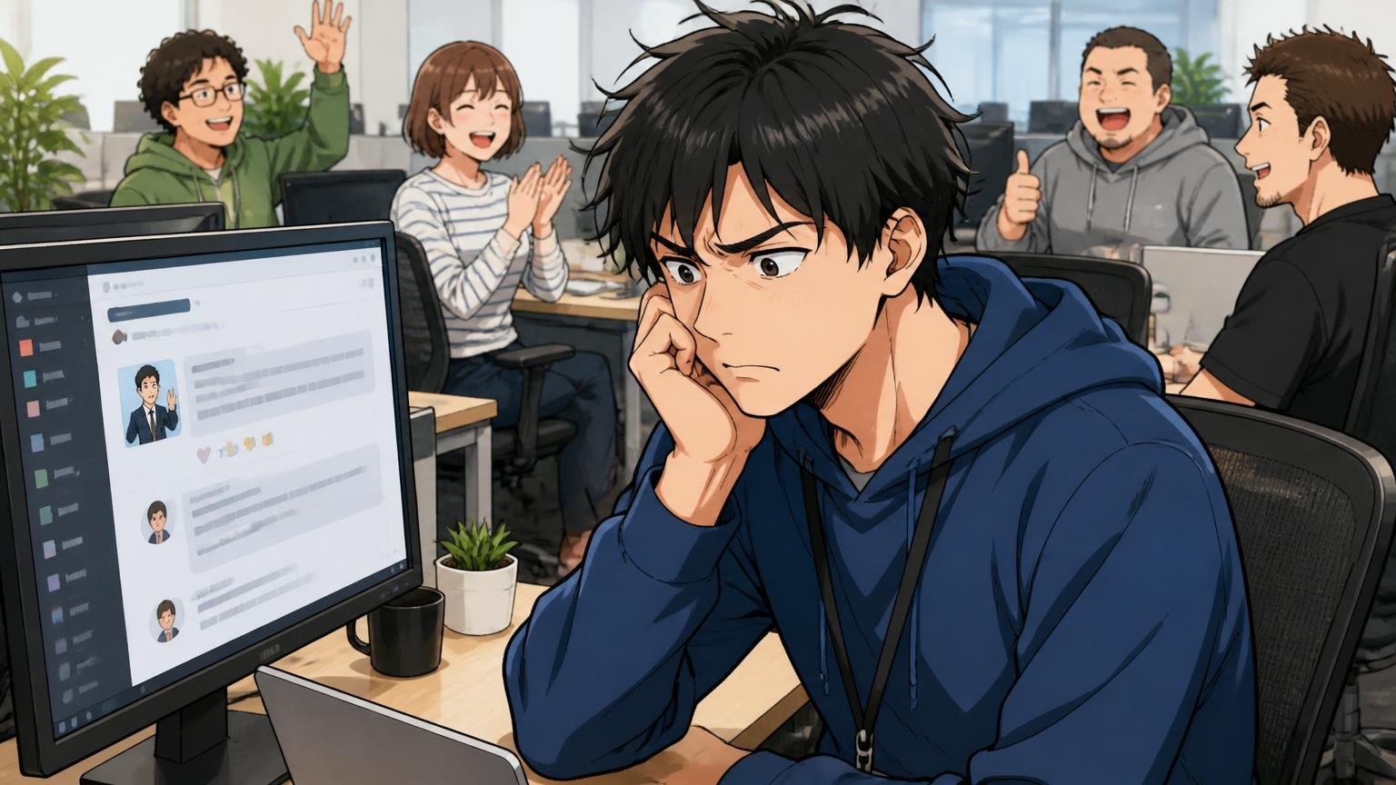 DeNA社員が転職を考え始める典型的な3つの瞬間。Web系メガベンチャーのオフィスのデスクで、20代後半男性エンジニアが社内Slackの退職挨拶を見て眉をひそめている