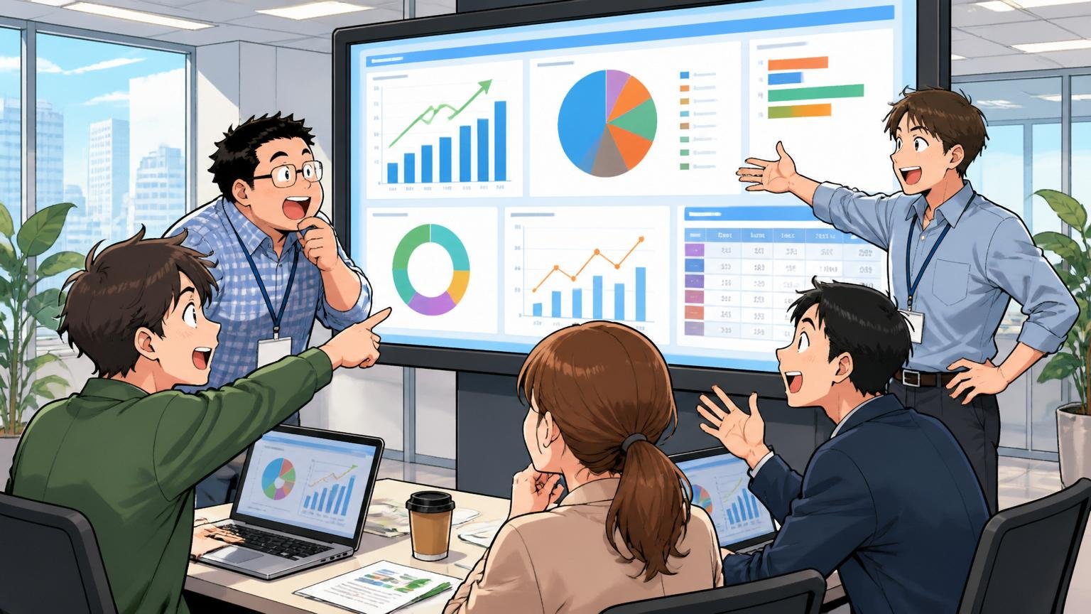 会社規模・売上・上場：数字で見るシステナ。東証プライム上場企業のオフィスフロアで、複数のエンジニアが大型ディスプレイを見ながらミーティングをしている