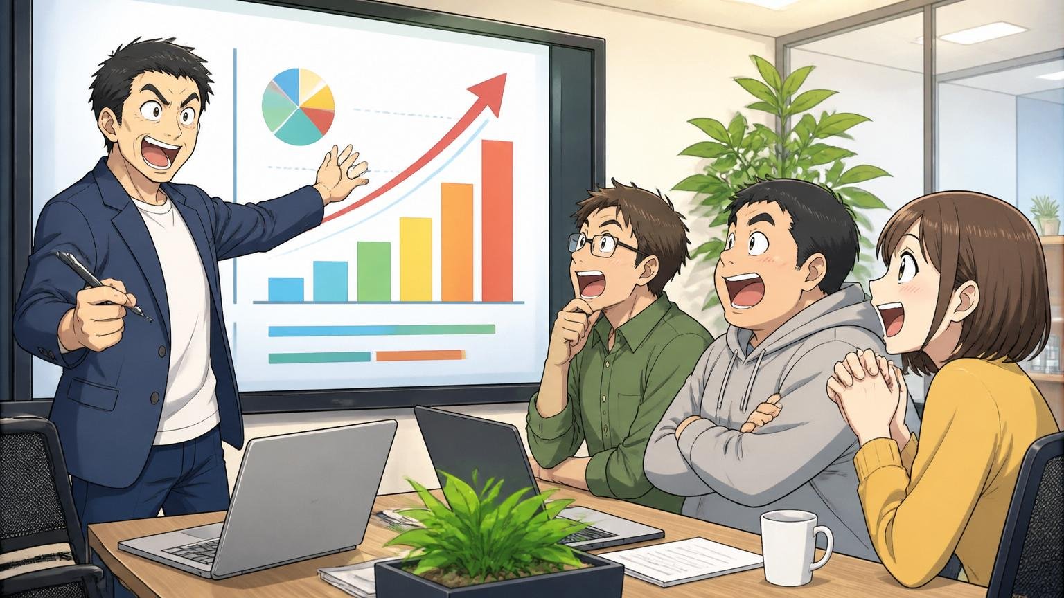 Web系オフィスのカンファレンスルームで成長計画を説明する経営層と聞き入る社員3名
