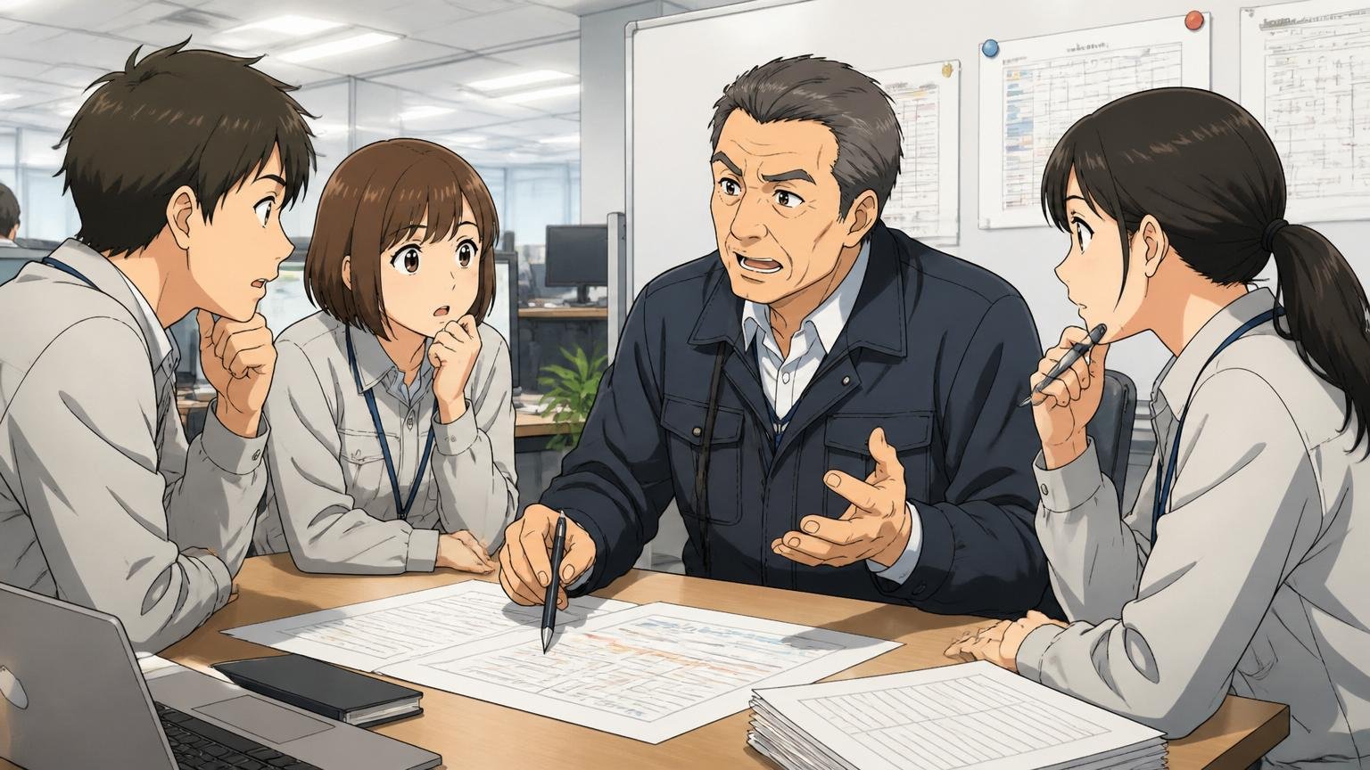 テクノプロは悪い会社ではないが構造的に合わない人がいる｜オフィスで真剣に話し合うベテランエンジニア男性と若手エンジニア男女3人