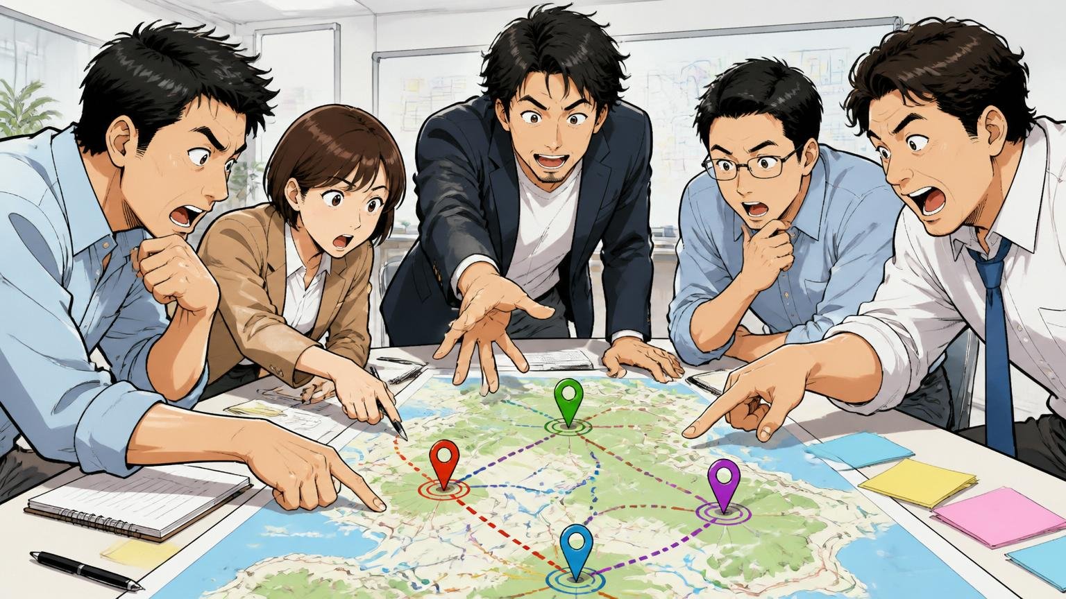 大塚商会SEの転職先4タイプを比較するSIerの会議室で30代SE5人が地図を囲んで議論