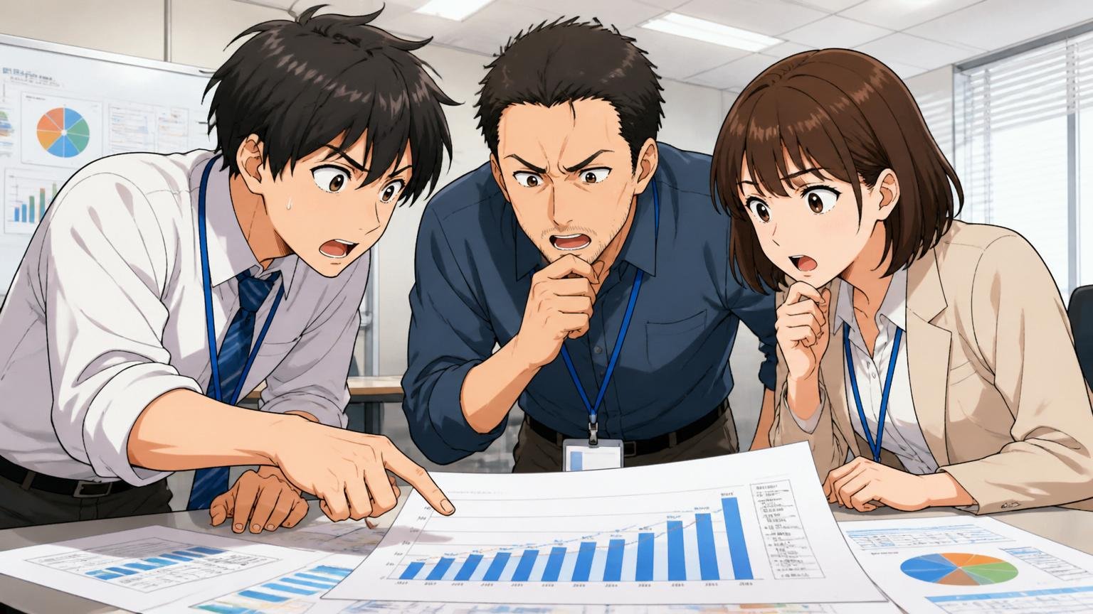 企業の人事資料を広げる若手社員と中堅エンジニアが平均年収のグラフを覗き込む｜BPO企業のオフィスの会議室で3人が真剣な表情で議論