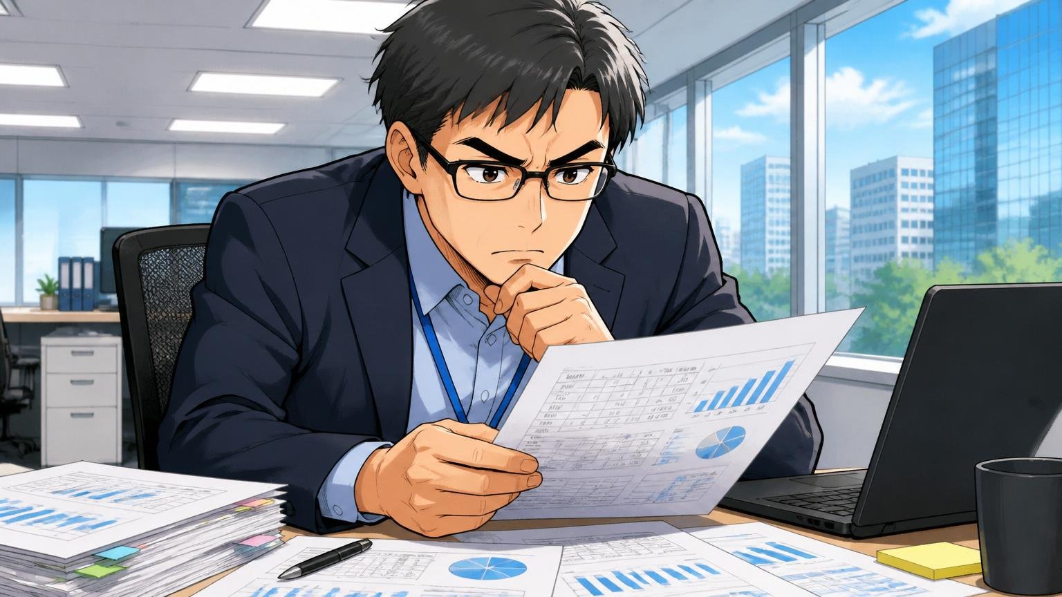 日本IBMの大手町オフィスで決算資料の数字を真剣にチェックする40代の男性ITスペシャリスト1人