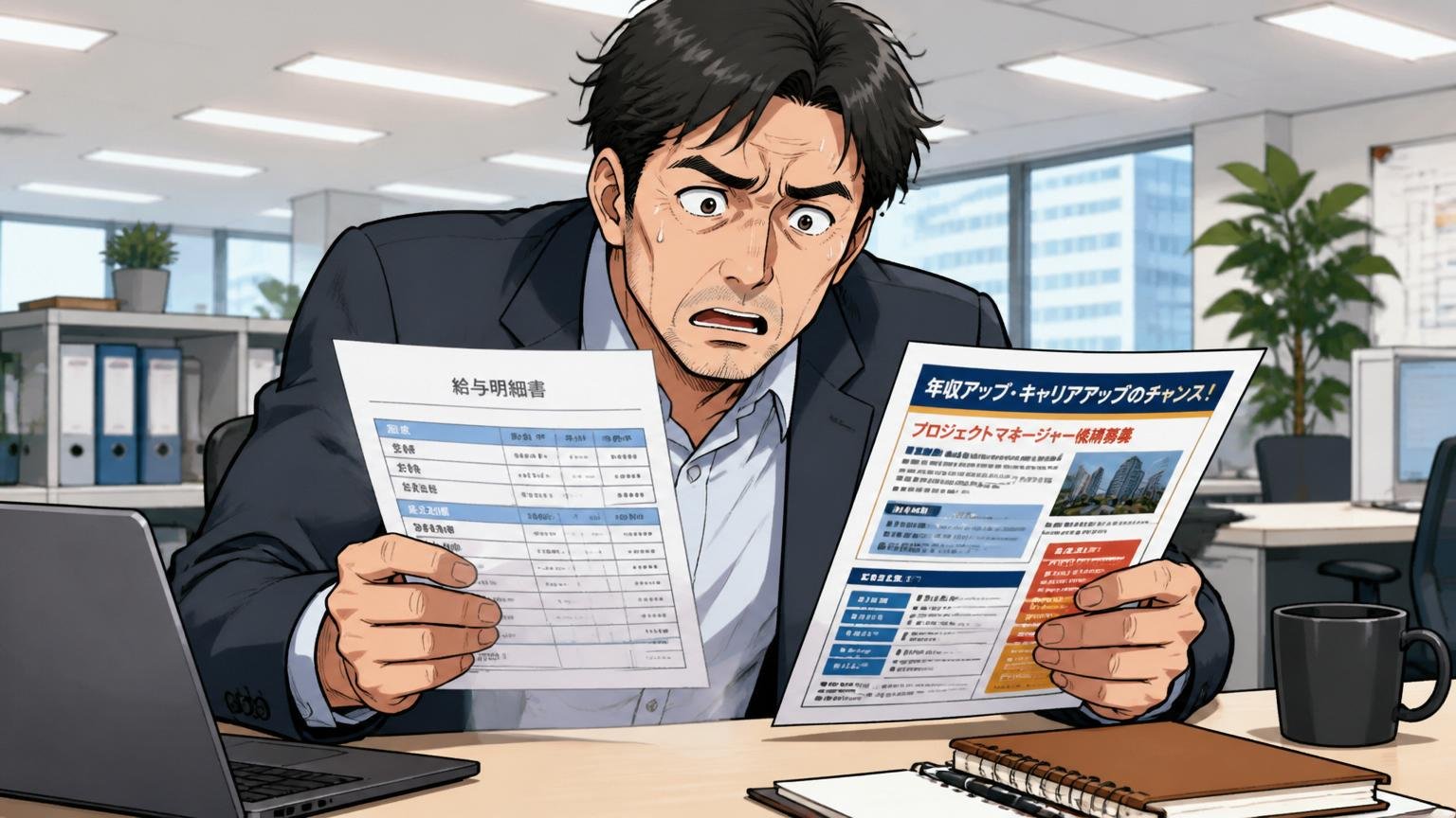 日本オラクル本社オフィスのデスクで給与明細と転職情報を見比べる40代の社員1人