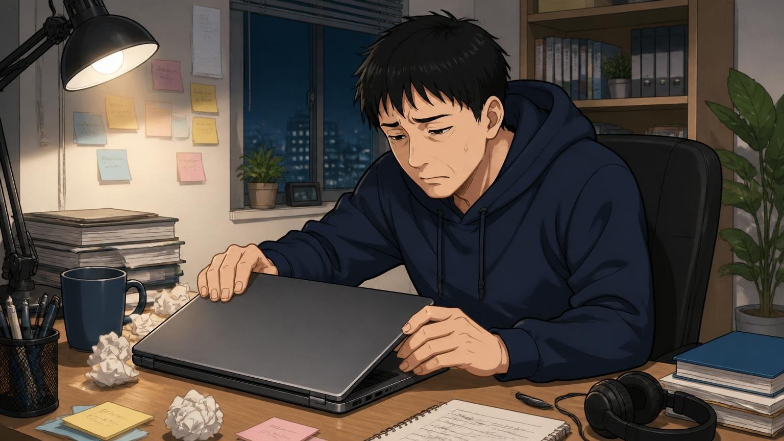 お祈りメールを見て静かにノートPCを閉じる夜、自宅デスクで一人のITエンジニアが肩を落とす場面