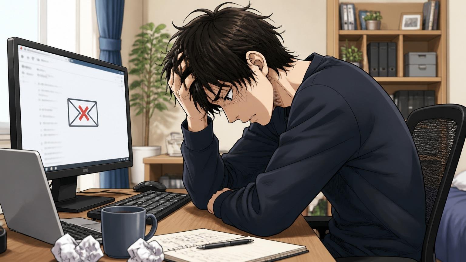 自宅のデスクでパソコンの前でうなだれる20代後半の男性エンジニア1人。不採用メールを画面で見て肩を落とす表情