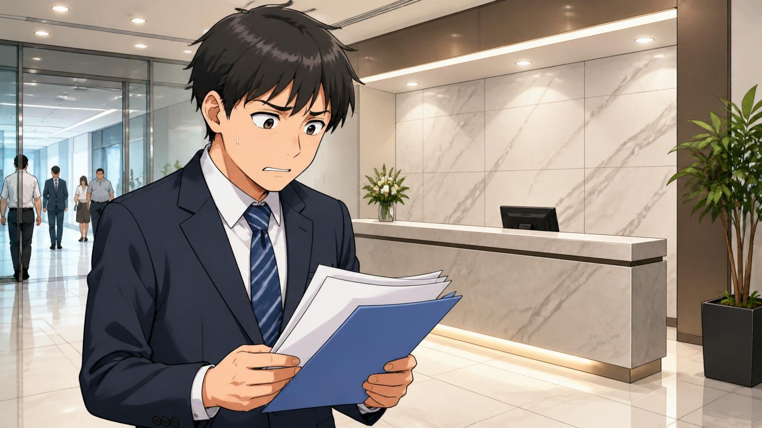 リコージャパンの本社受付前で書類を確認するスーツ姿のIT人材1名が緊張した表情を浮かべる